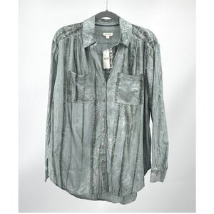 NWT Pilcro Foil Shine Buttondown Shirt Womens S Green Silver Anthropologie